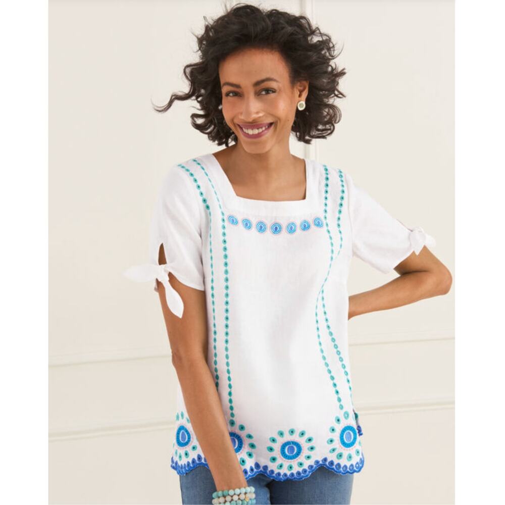 Talbots White Blue Linen Blend Embroidered Square Neck Top Womens XL